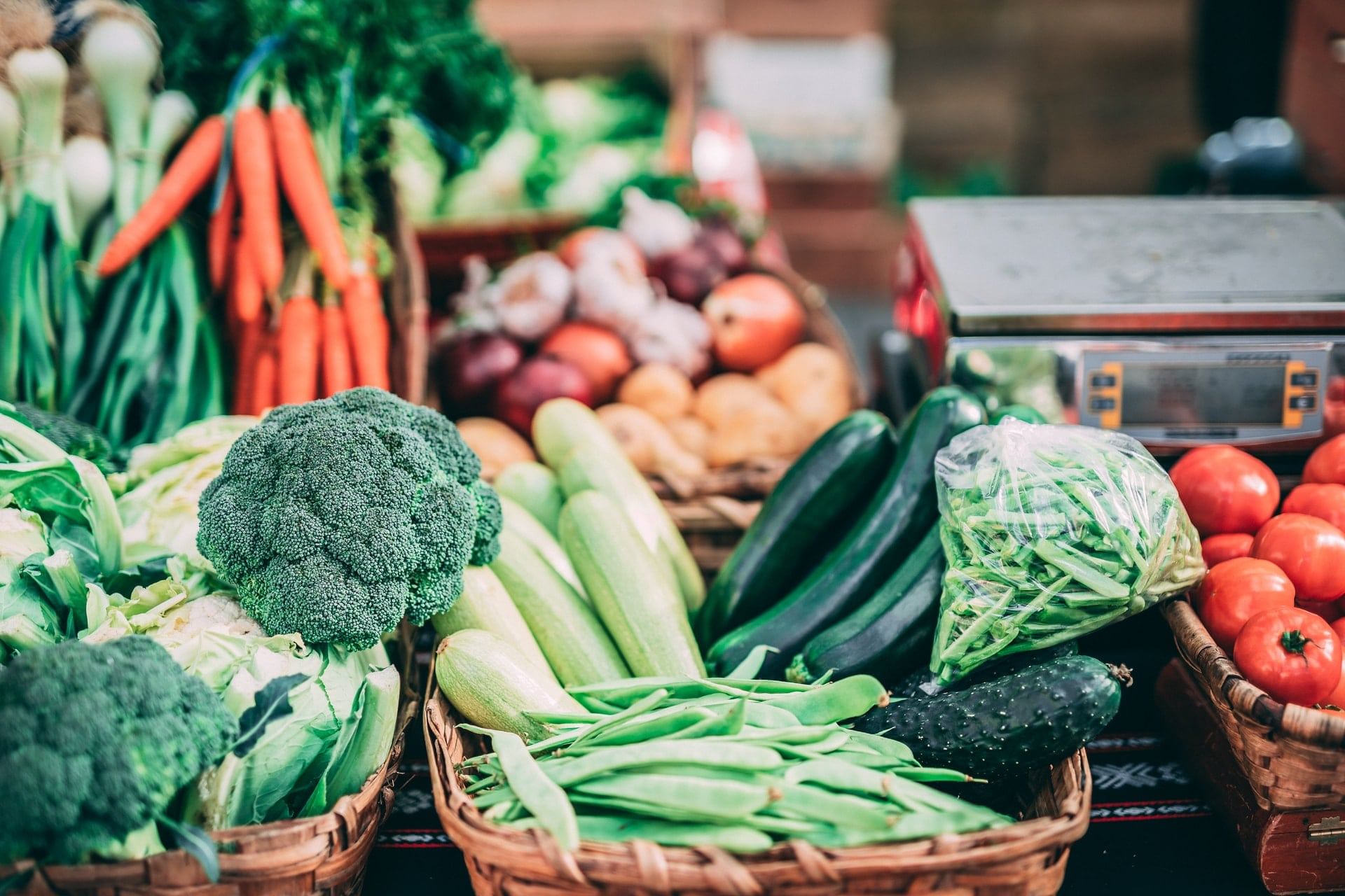 A group of vegetables in baskets