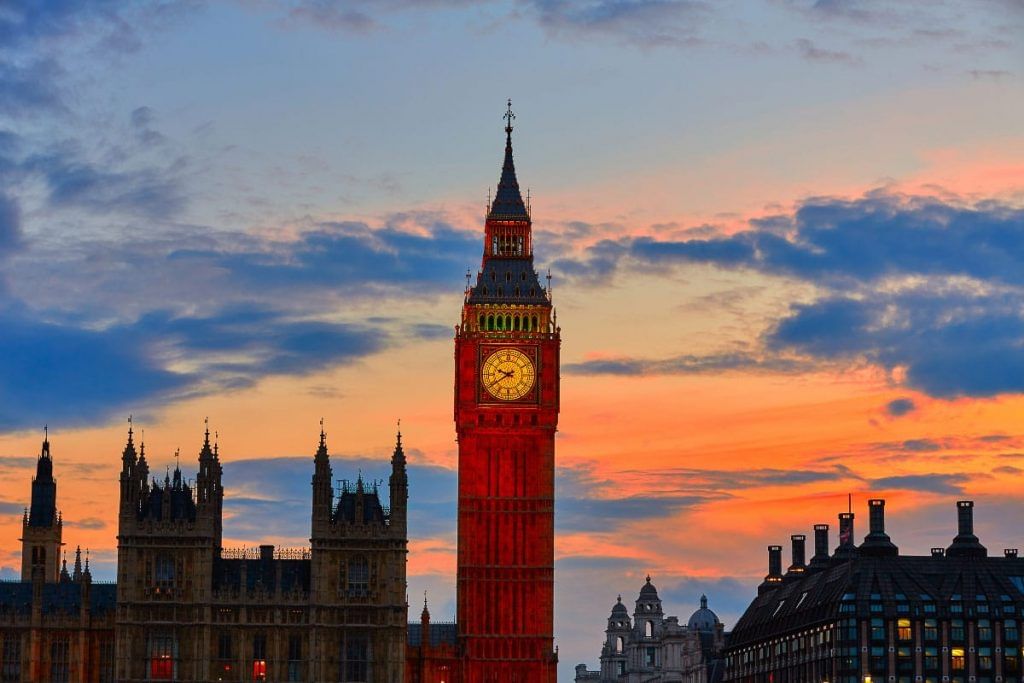 A clock tower in front of a castle